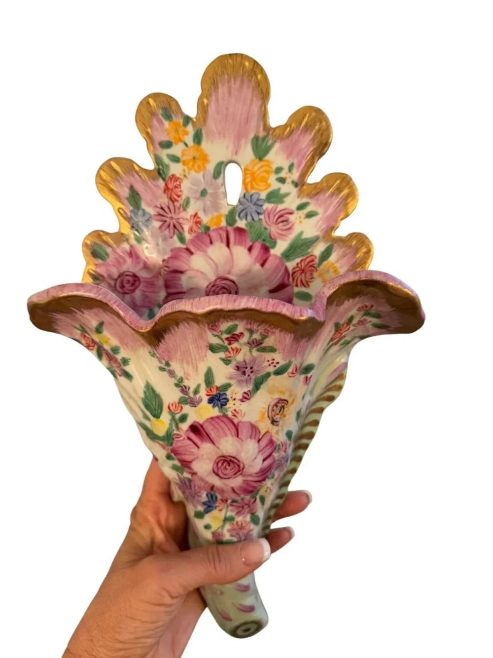 Antique French Cornucopia Shaped Hand-painted Floral Wall Vase Decorative